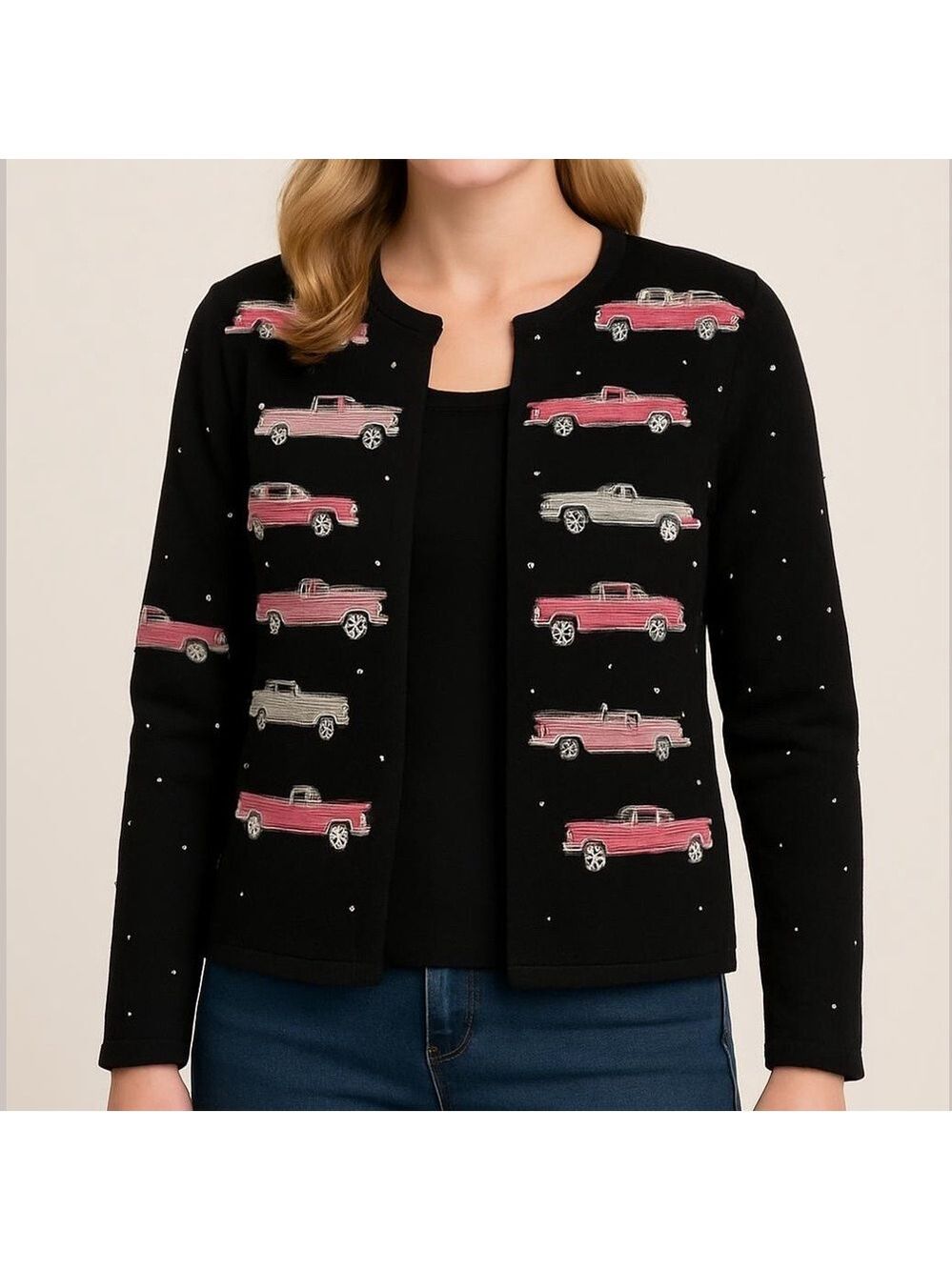 Vintage Michael Simon cardigan beaded pink Cadillacs black sweater size small